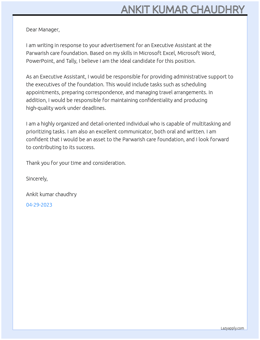 Executive assistant  At Parwarish care foundation  Cover Letter
