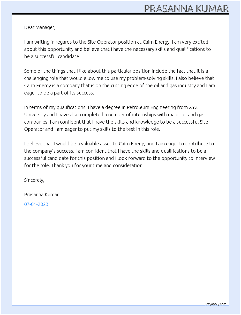 Site Operator At cairn energy Cover Letter