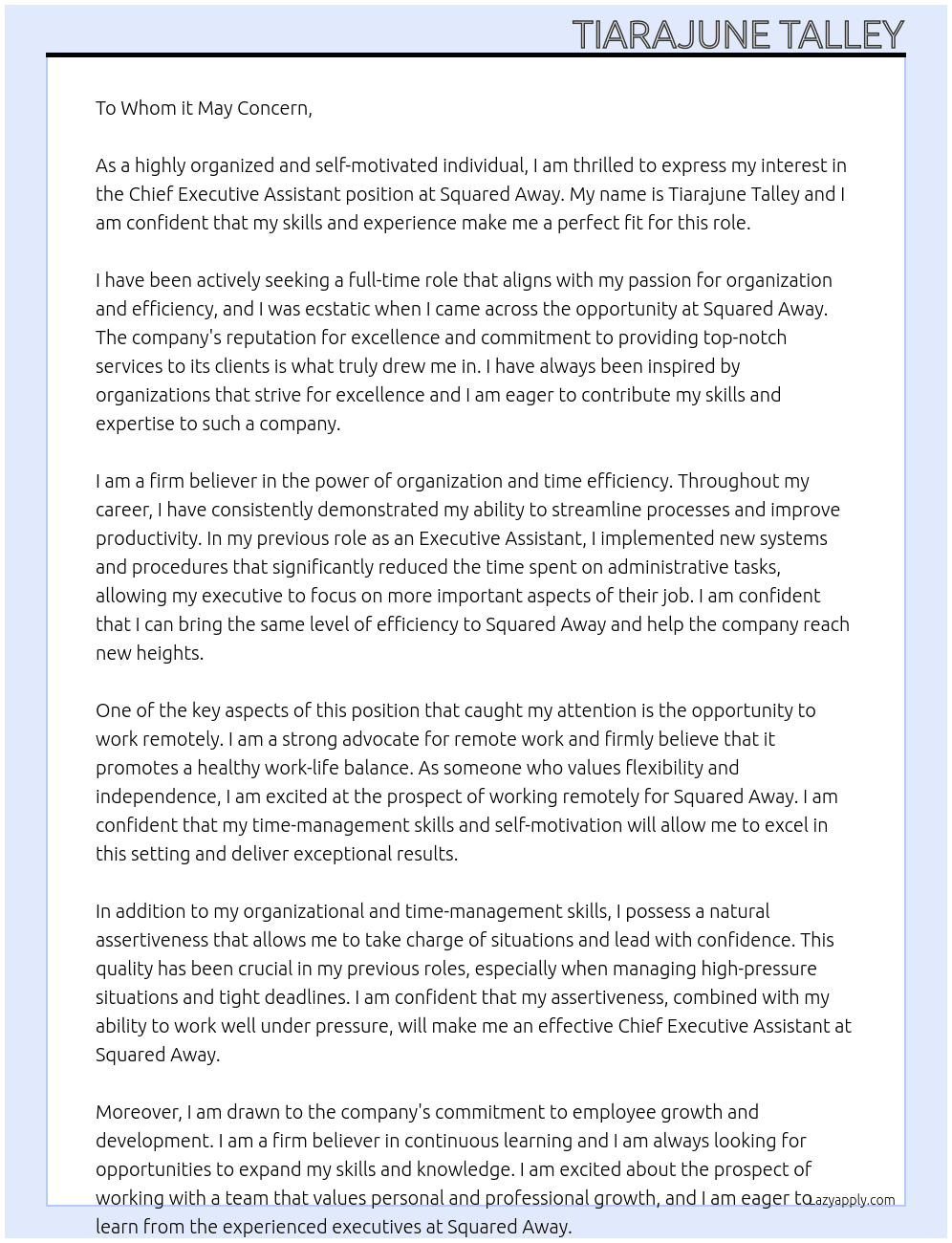 Chief Excutive Assistant At Squared Away Cover Letter