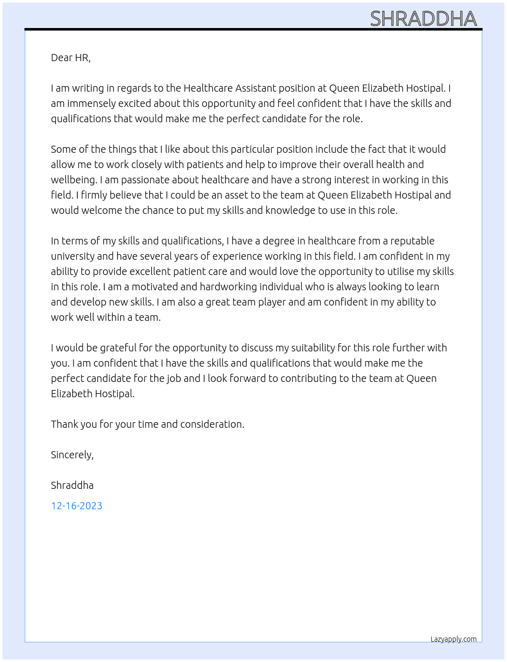 healthcare assistant At Queen Elizabeth Hostipal Cover Letter