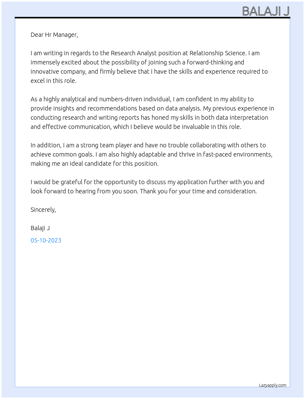 Research Analyst At Relationship Science Cover Letter