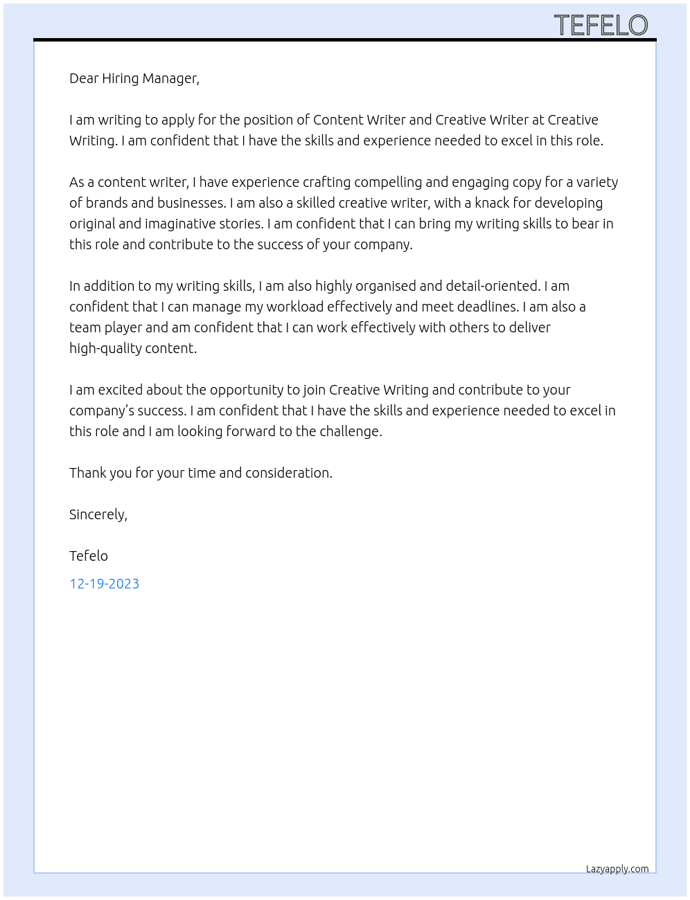 Content writer and creative writer At Creative writing  Cover Letter