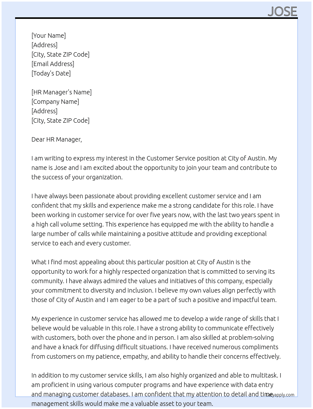Customer Service At City of Austin Cover Letter