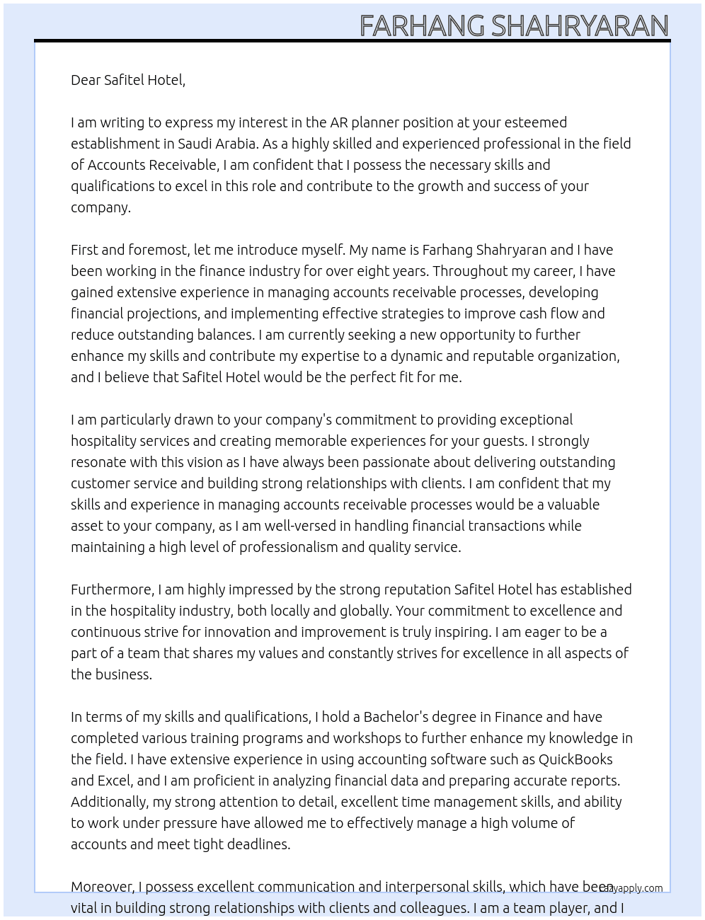 AR planner At Saudi Arabia Cover Letter