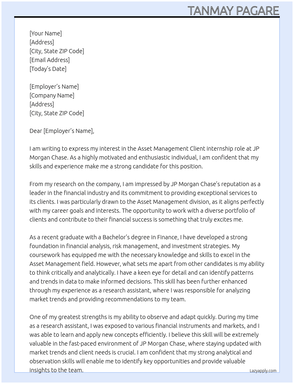 Cover letter for asset mangement client - LazyApply
