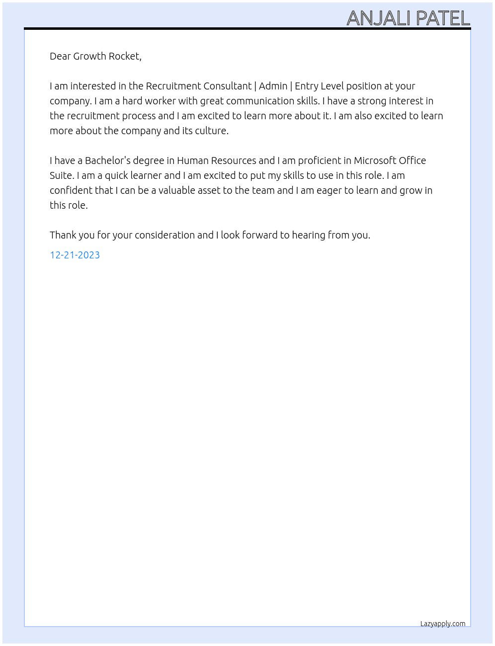 Recruitment Consultant | Admin | Entry Level At Growth Rocket Cover Letter