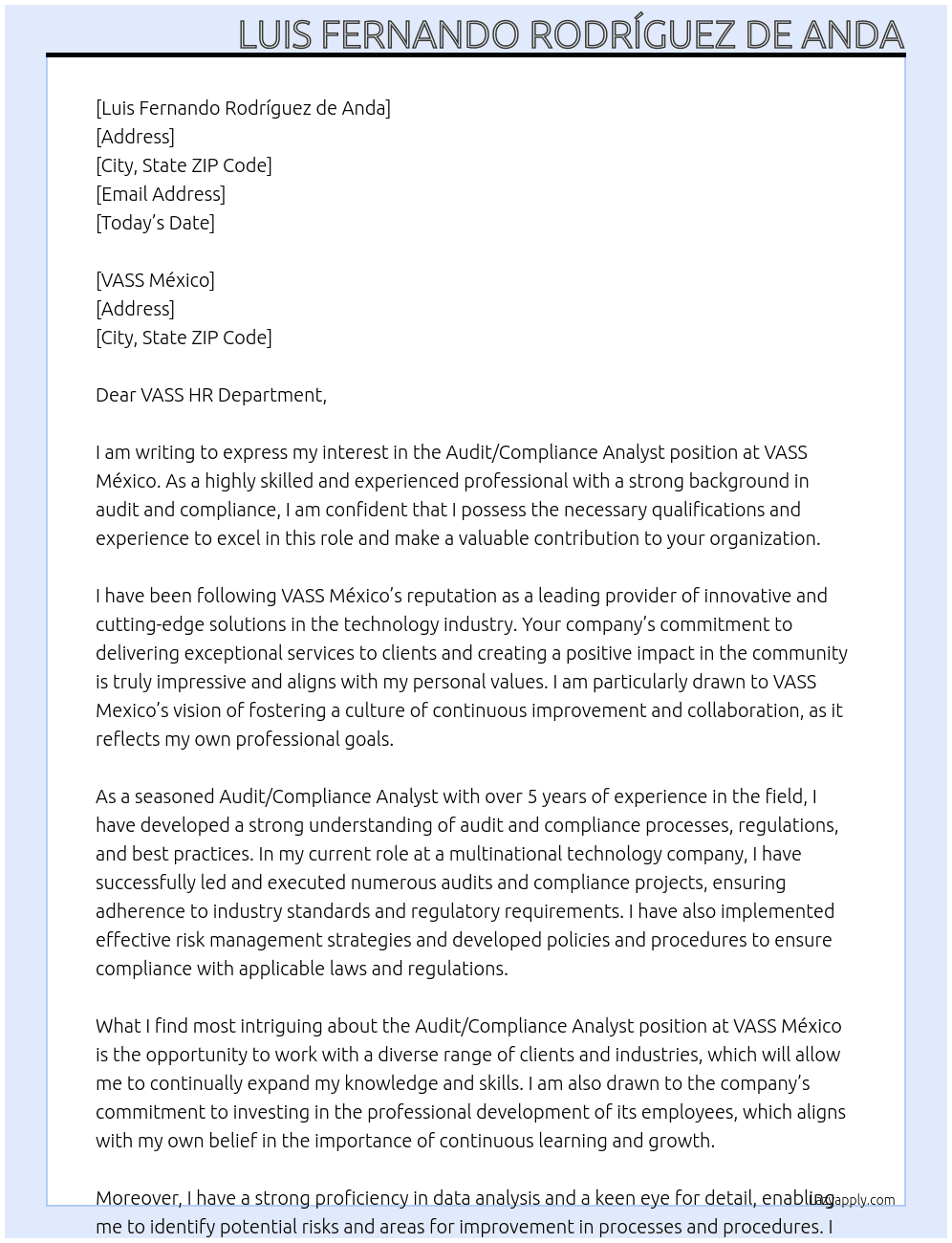 Audit/Compliance Analyst At VASS México Cover Letter