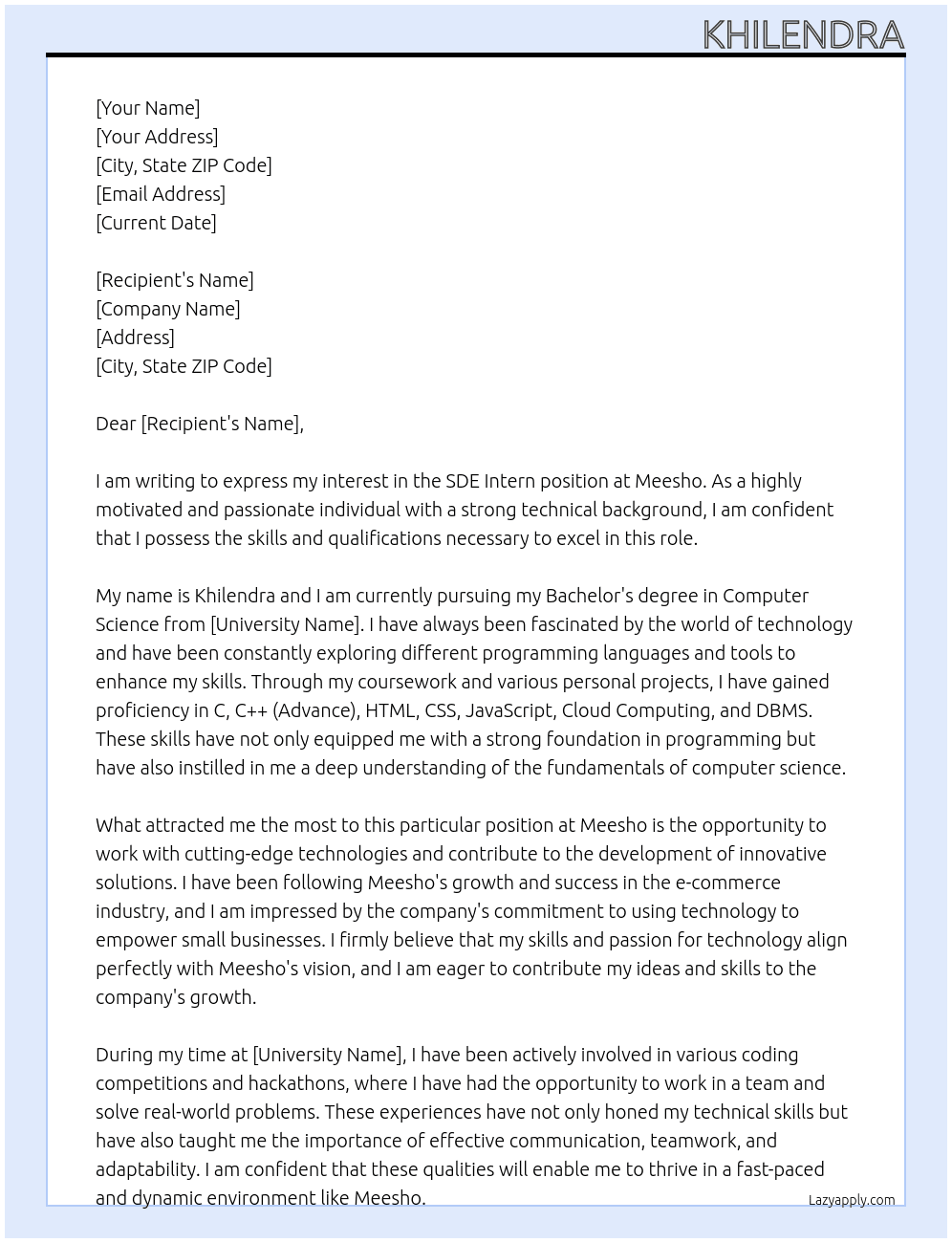SDE Intern At Meesho Cover Letter