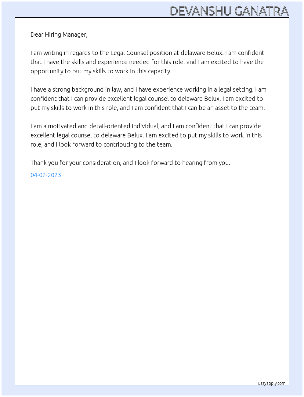 Legal Counsel  At delaware Belux Cover Letter
