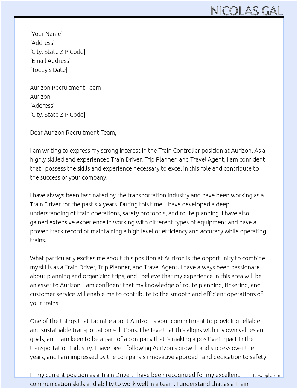 Train controller At Aurizon  Cover Letter