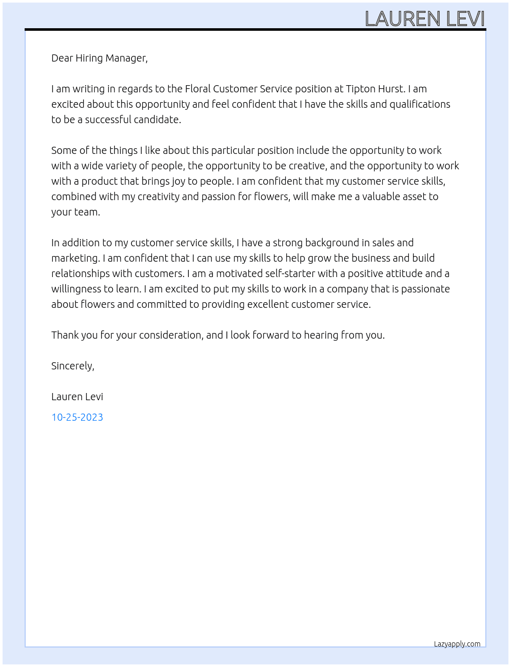 Floral Customer Service  At Tipton Hurst  Cover Letter