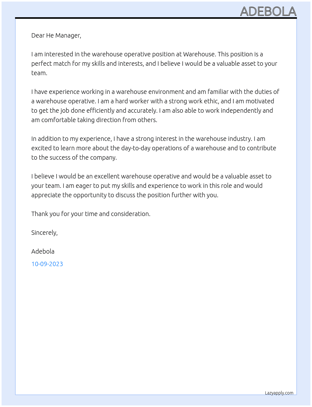 Warehouse operative At Warehouse Cover Letter