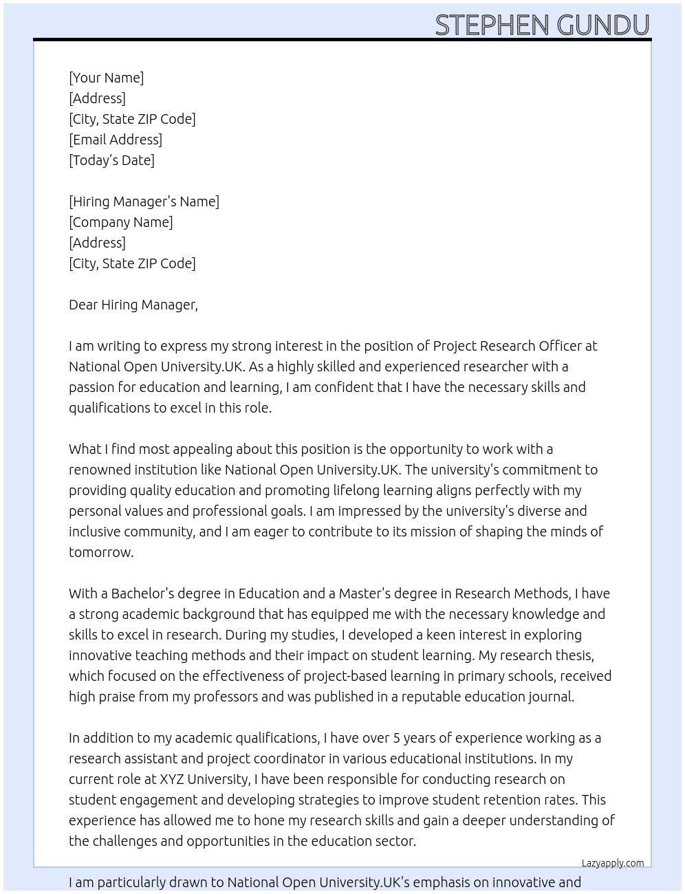project research officer At National Open University.Uk Cover Letter