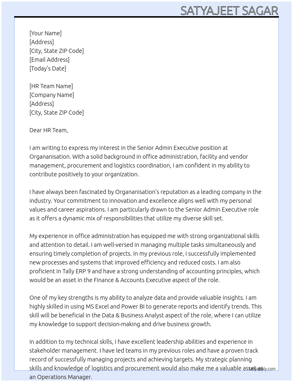 Senior Admin Executive At Organanisation Cover Letter