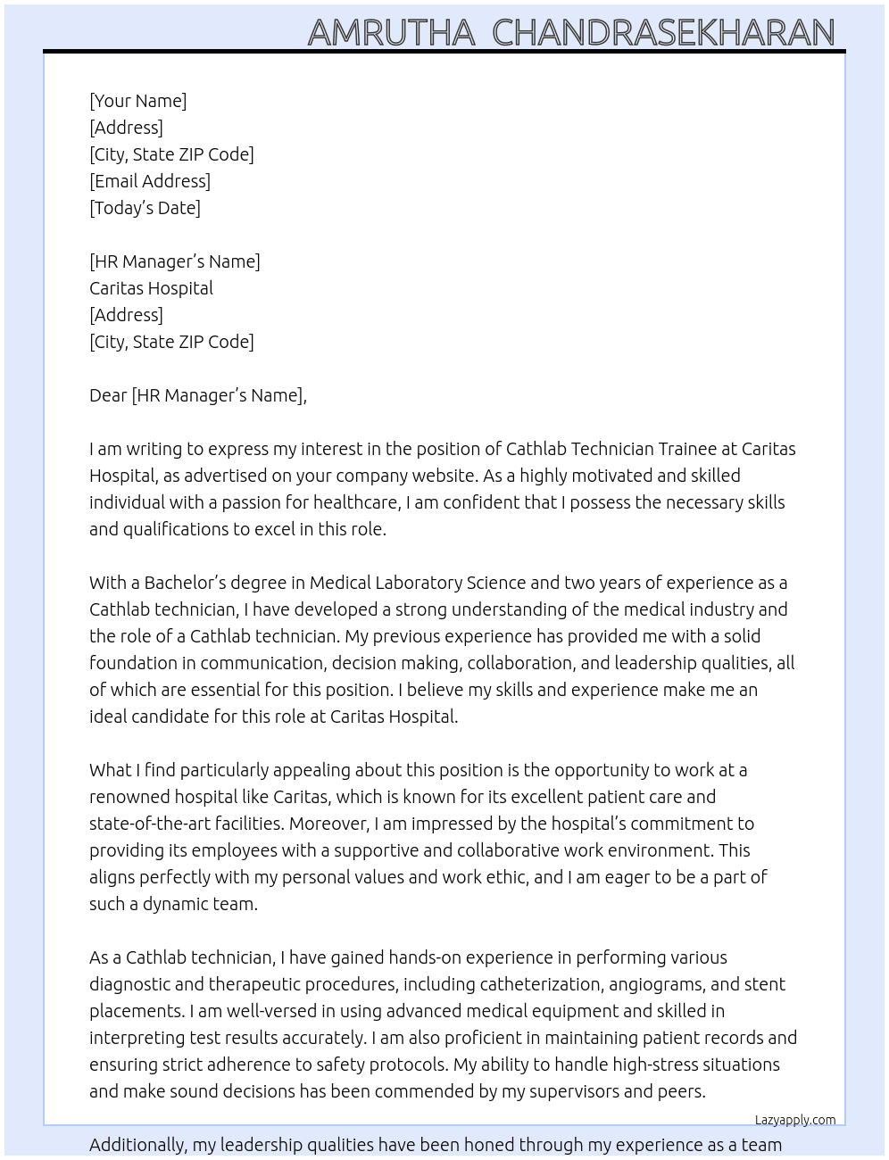Cathlab Technician Traine  At Caritas Hospital  Cover Letter