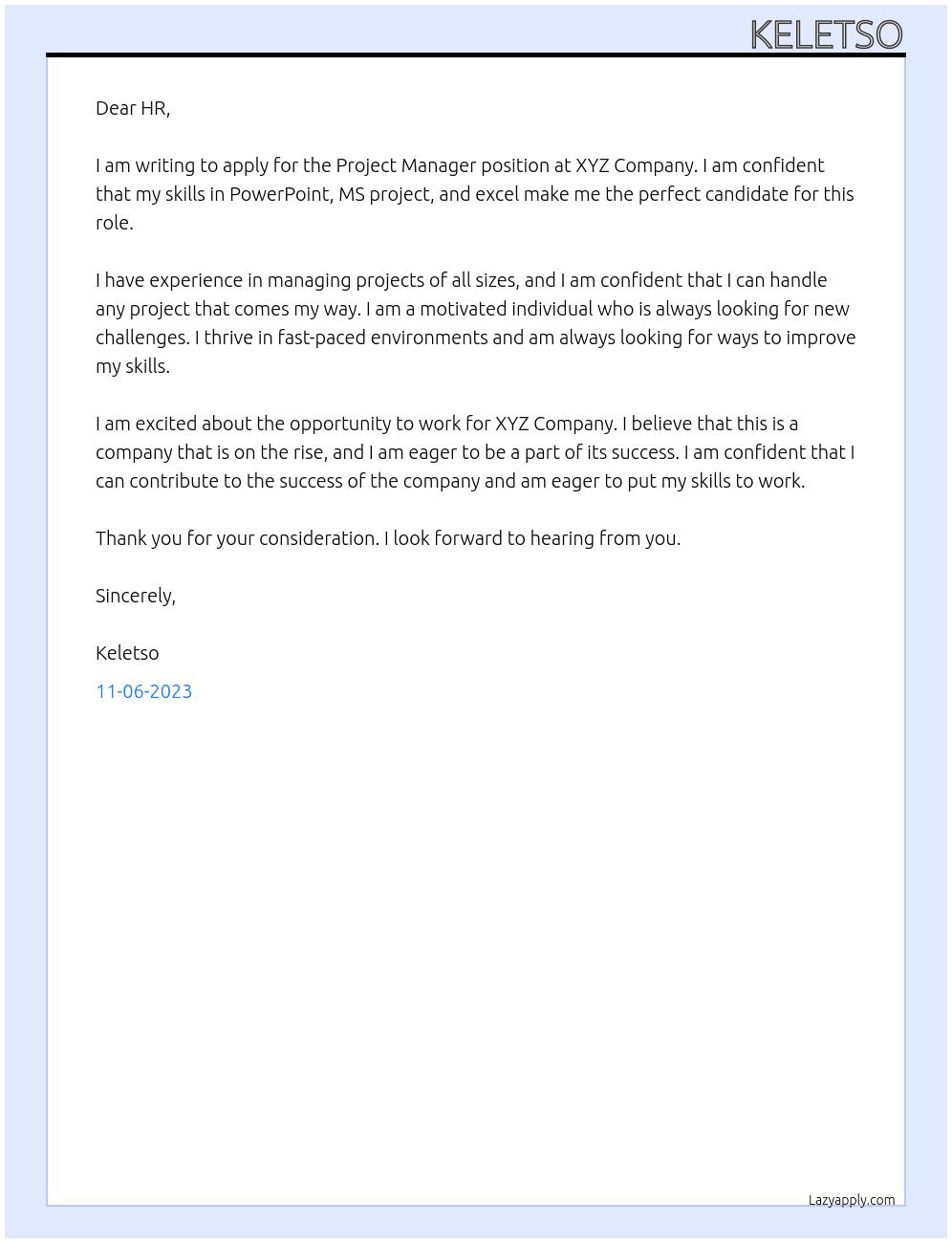 Project management  At Project manager position Cover Letter