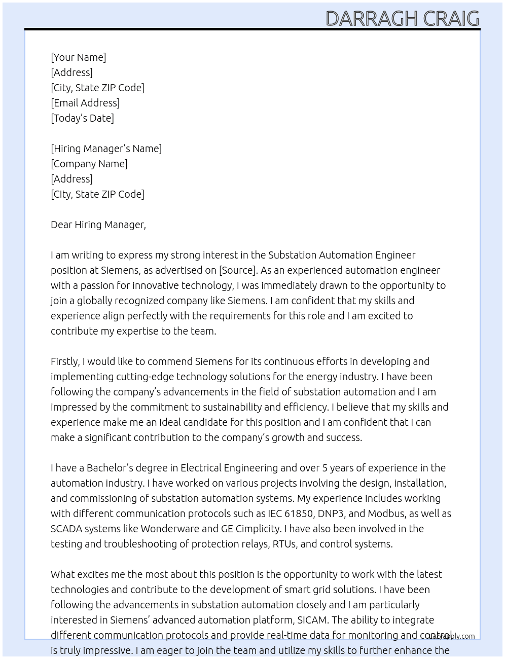 Cover letter for substation automation engineer - LazyApply
