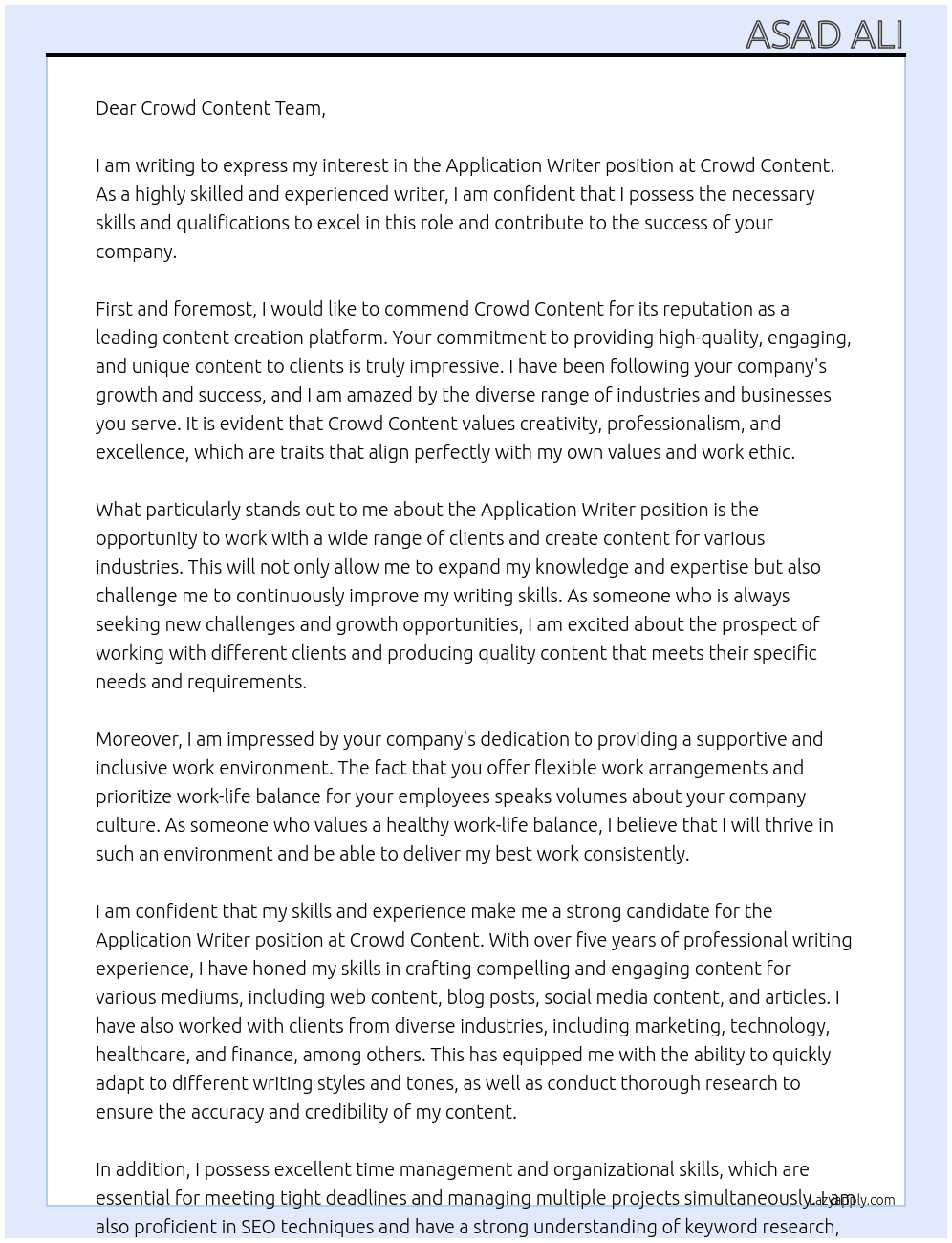 Application writer At crowd content Cover Letter
