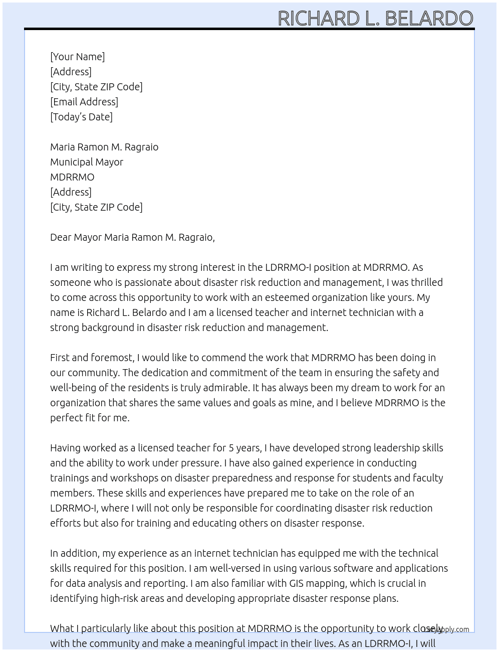 LDRRMO-I At MDRRMO Cover Letter