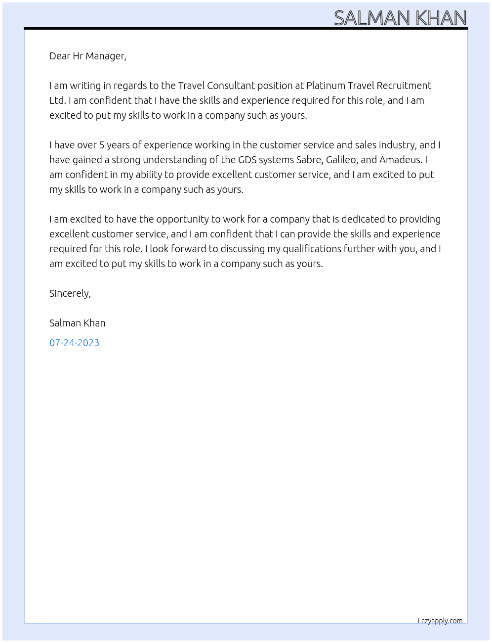 Travel Consultant At Platinum Travel Recruitment Ltd Cover Letter