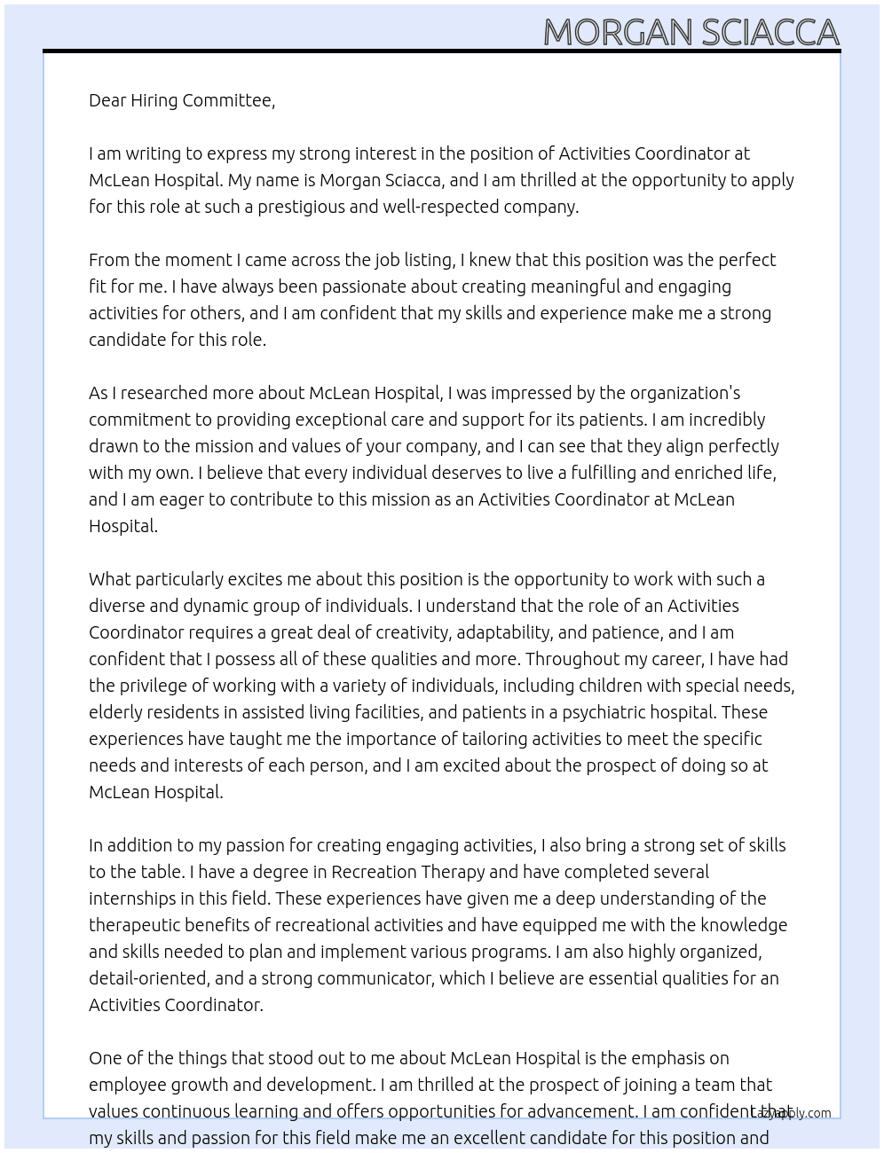 Activities Coordinator At McLean Hospital Cover Letter
