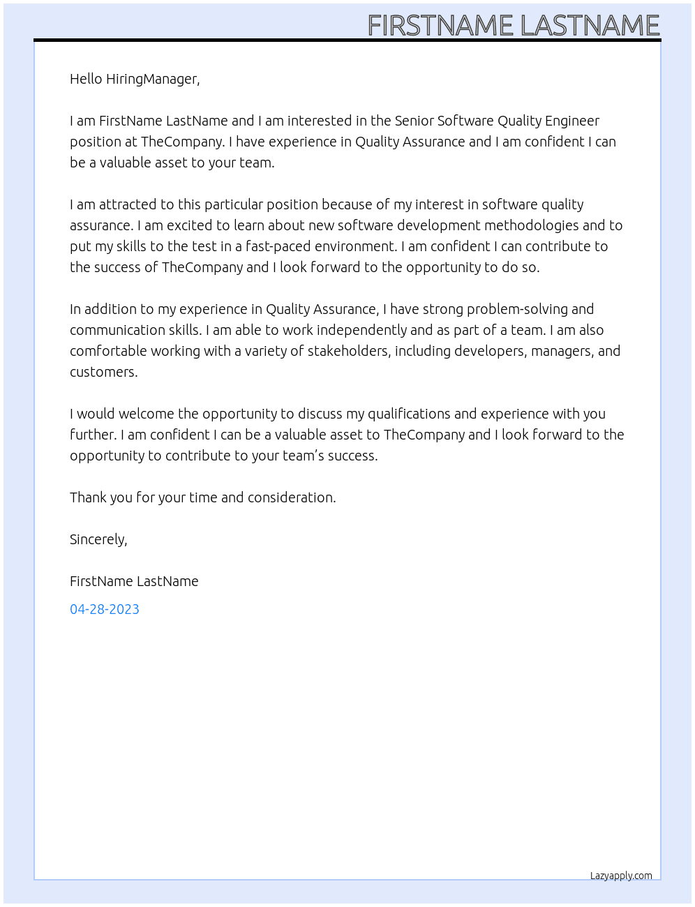 Senior Software Quality Engineer At TheCompany Cover Letter