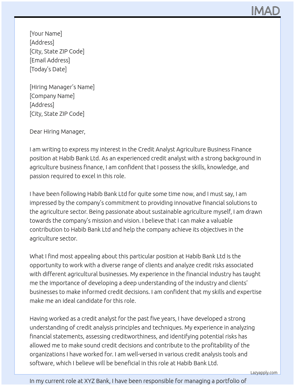 Credit Analyst Agriculture Business Finance At Habib Bank Ltd Cover Letter