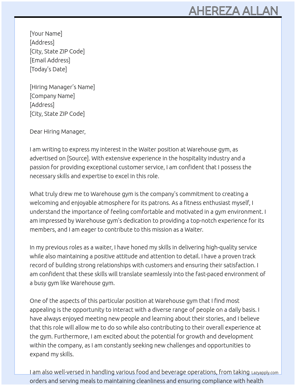 Waiter  At Warehouse gym  Cover Letter