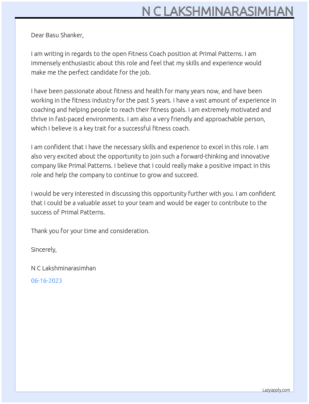 Fitness Coach At Primal Patterns Cover Letter