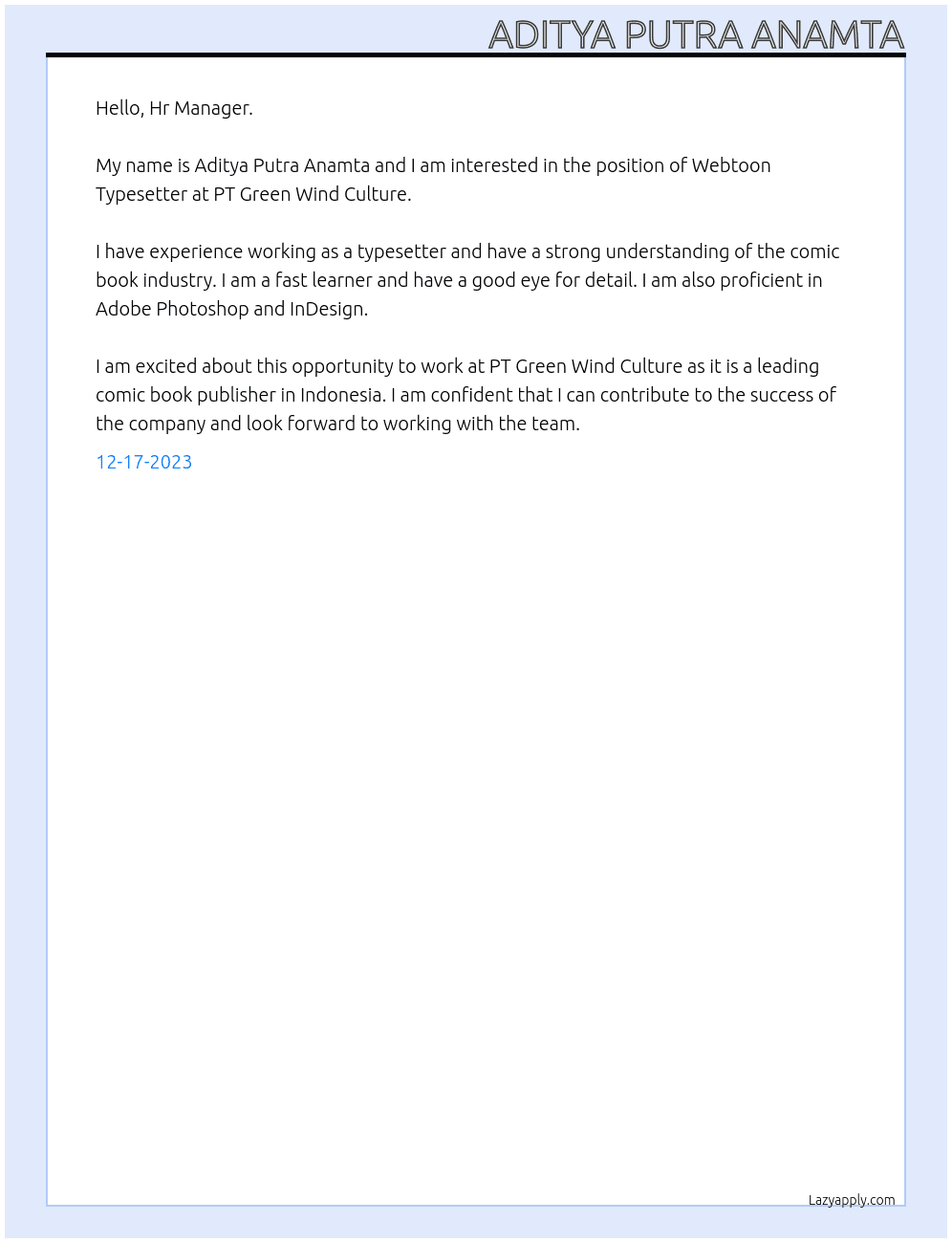 Webtoon Typesetter At PT Green Wind Culture Cover Letter