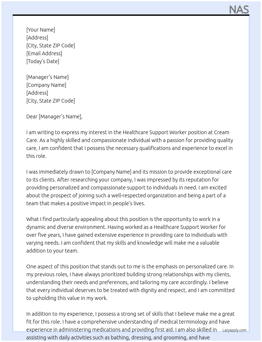 Healthcare Support worker  At Cream Care  Cover Letter