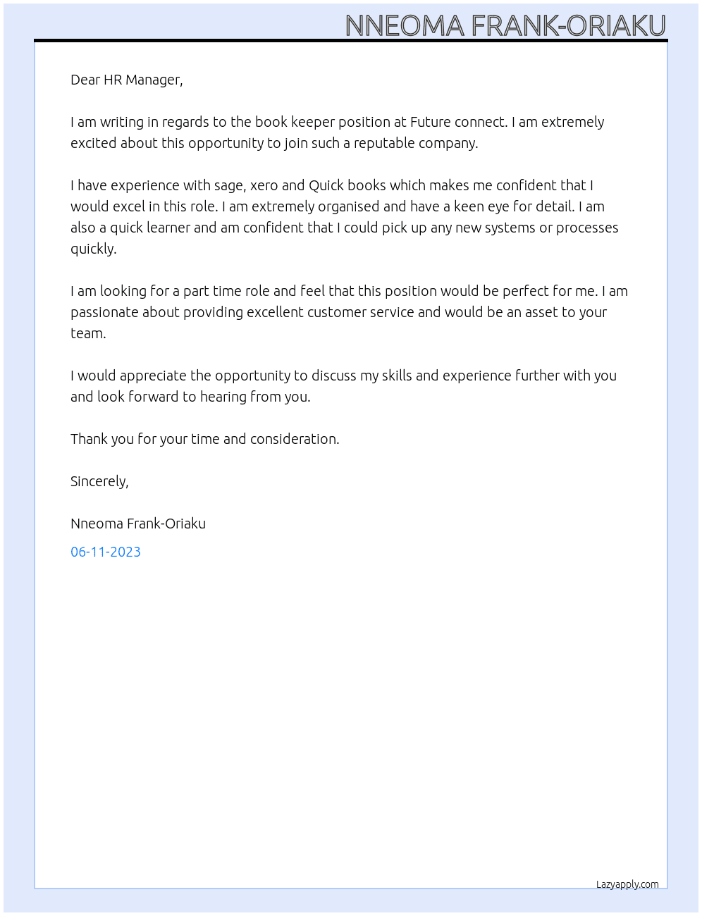 Book keeper At Future connect Cover Letter