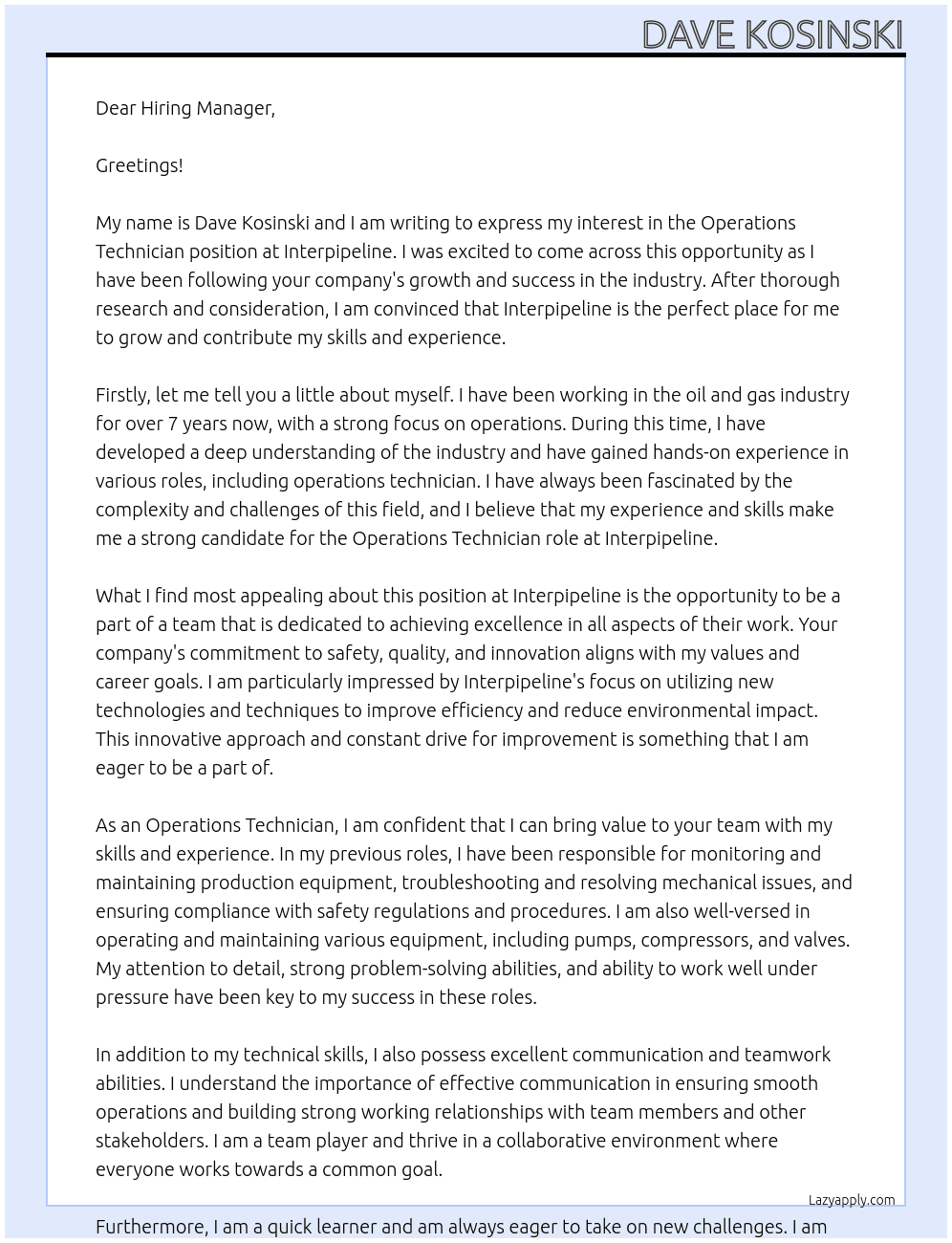 Operations Technician At Interpipeline Cover Letter