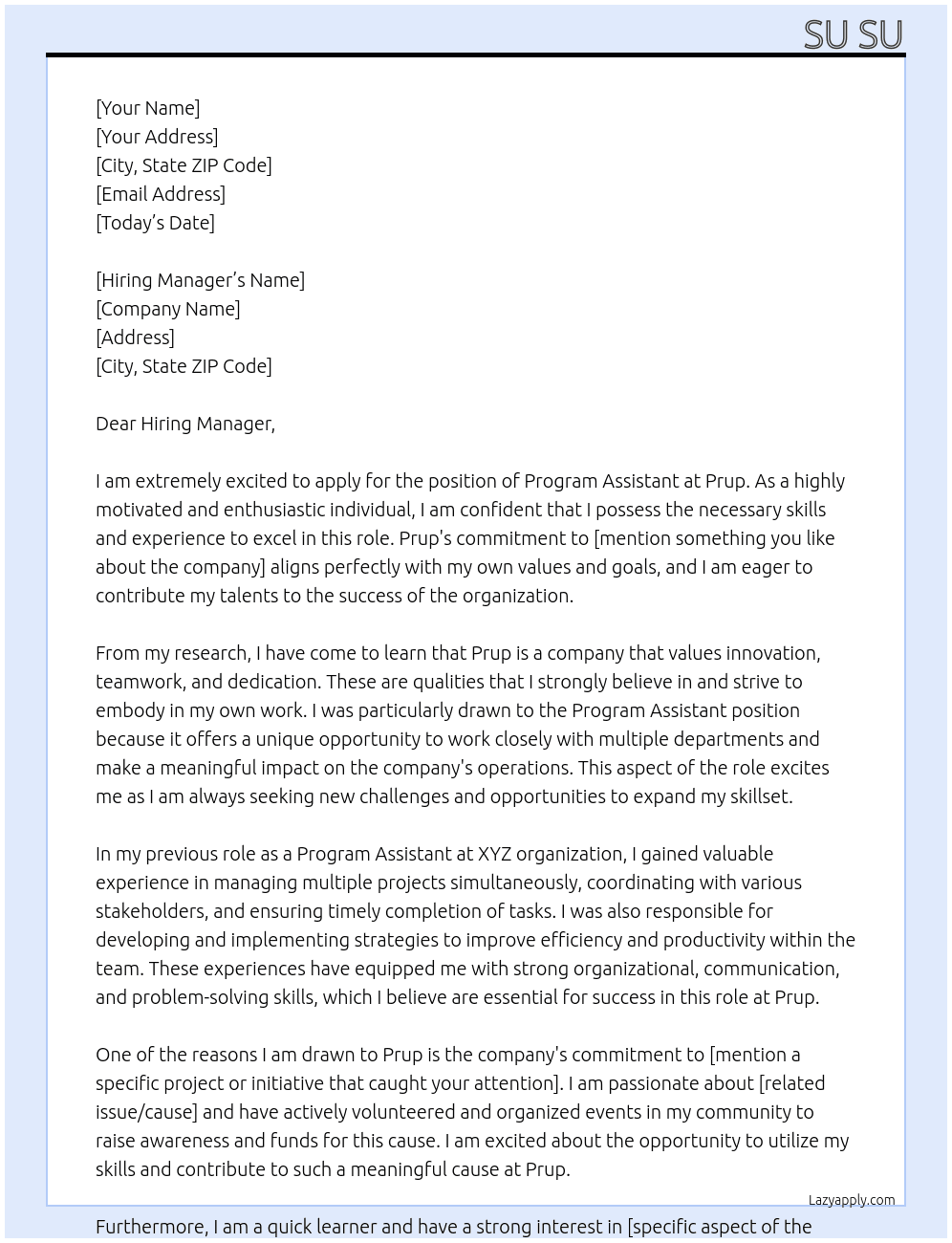 Program Assistant At Prup Cover Letter