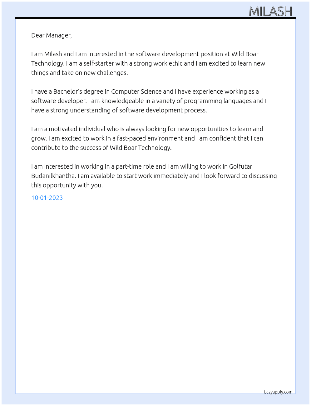 Software development  At Wild Boar Technology Cover Letter