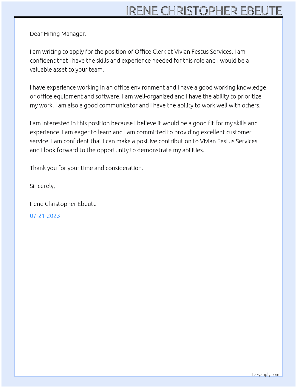 Office Clerk  At Vivian Festus Services  Cover Letter