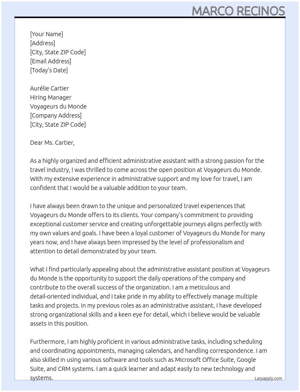 administrative assitant At Voyageurs du Monde Cover Letter