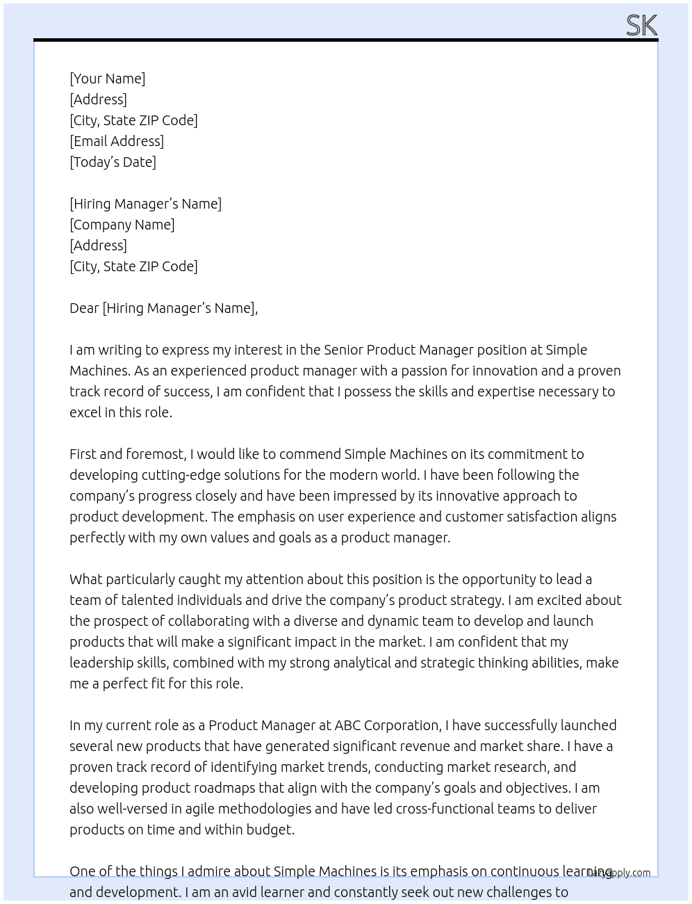Senior Product Manager At https://simplemachines.com.au/ Cover Letter