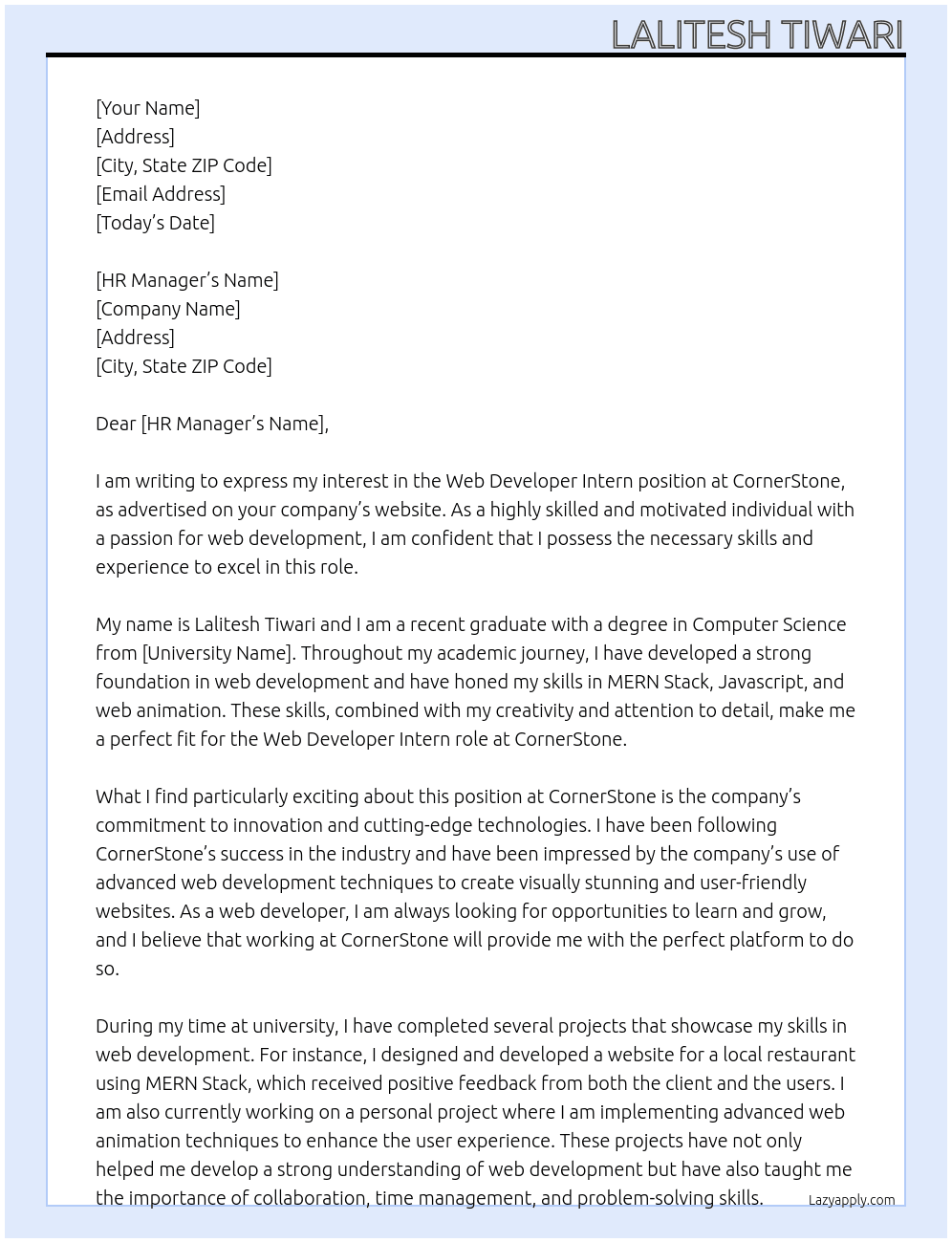 Web Developer Intern At CornerStone Cover Letter