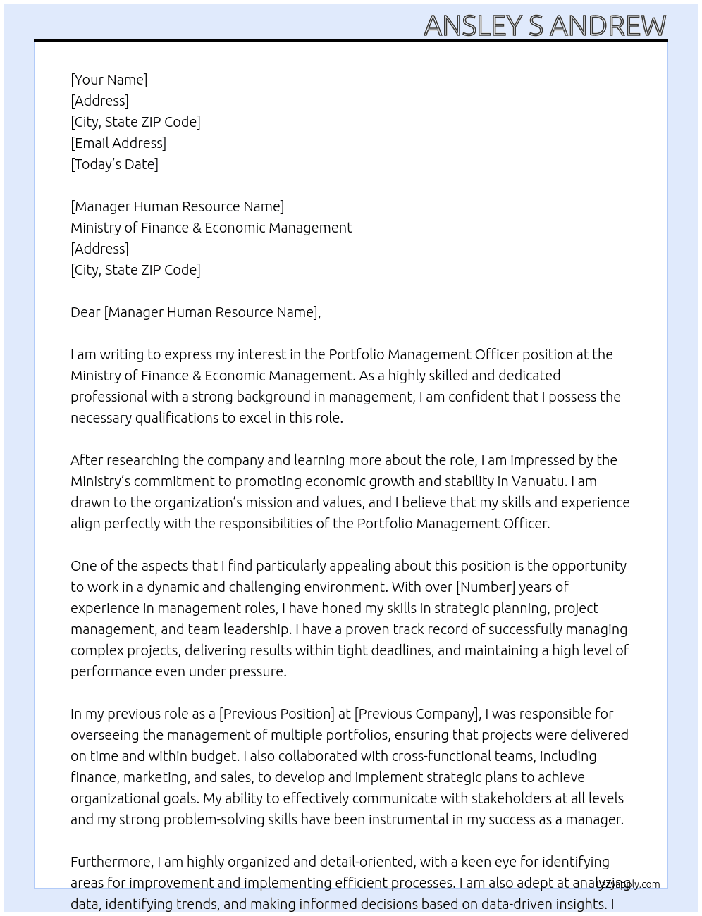 Portfolio Management Officer At Ministry of Finance & Economic Management Cover Letter