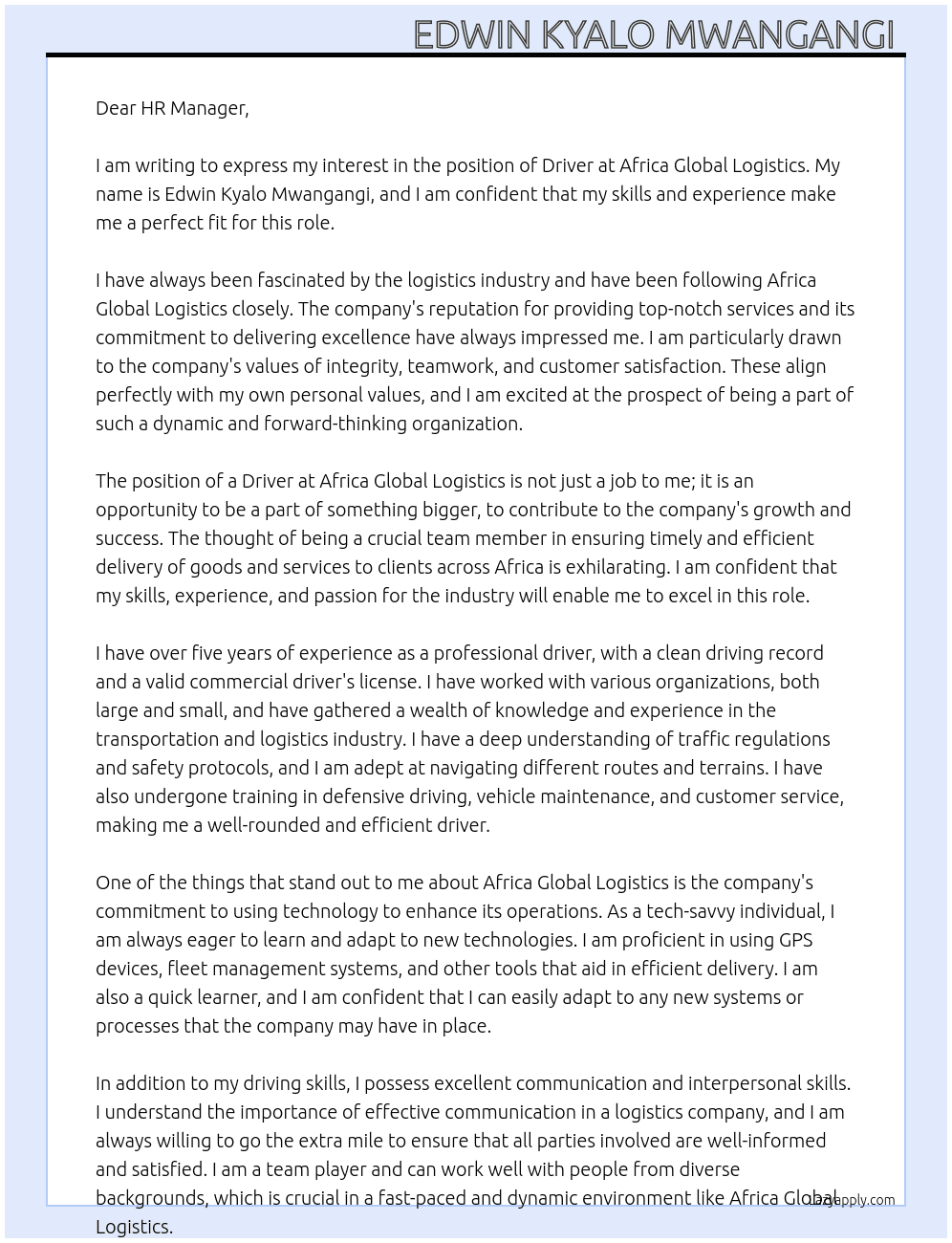 Driver  At AFRICA GLOBAL LOGISTICS  Cover Letter