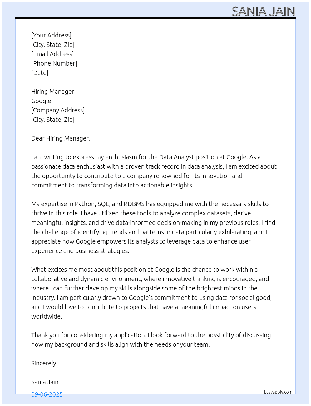 Data analyst At Google Cover Letter
