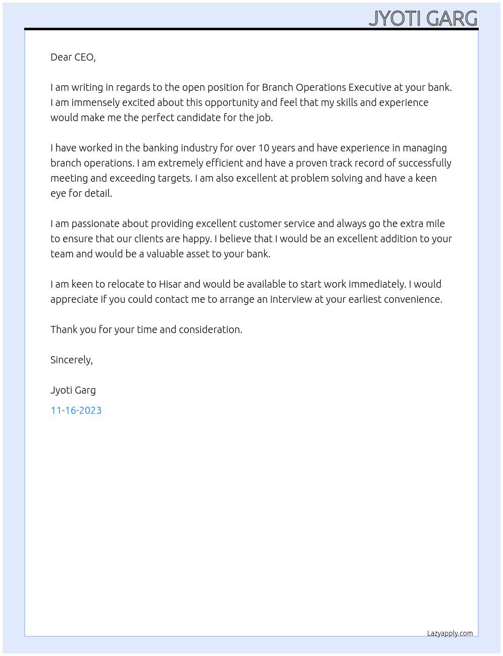 branch operation executive At private bank Cover Letter