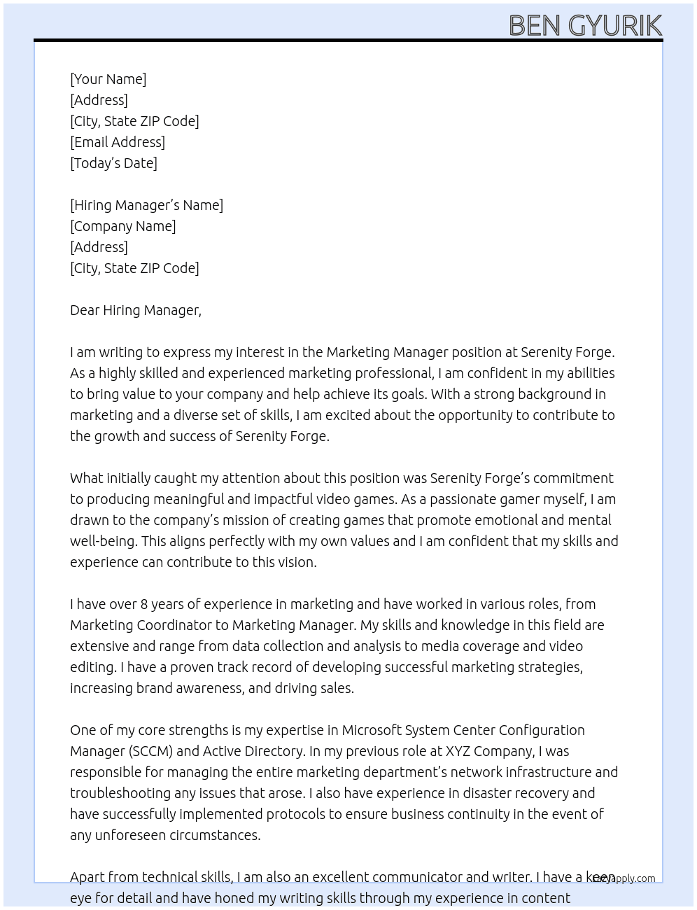 Marketing Manager At Serenity Forge Cover Letter