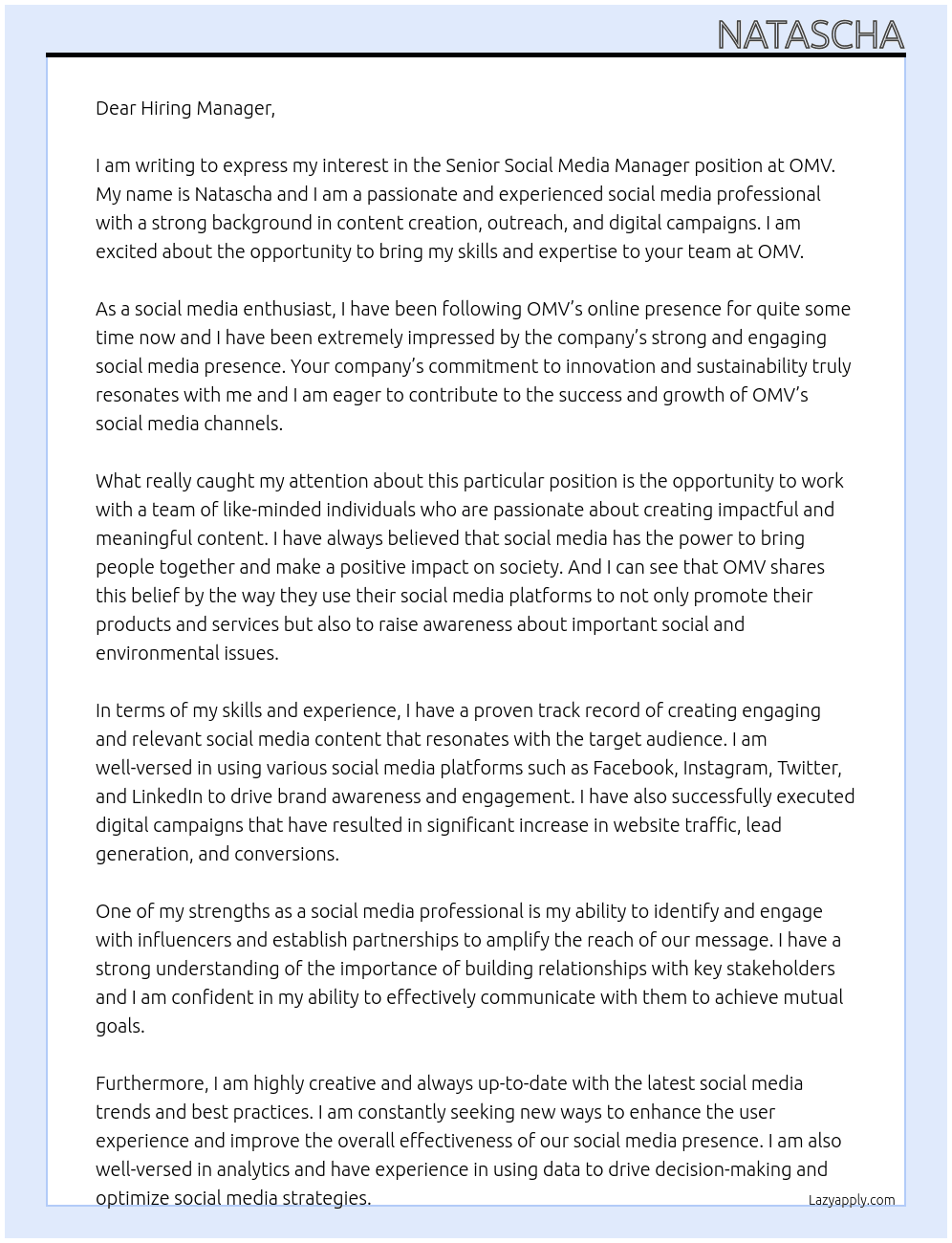 Senior Social Media Manager At OMV Cover Letter