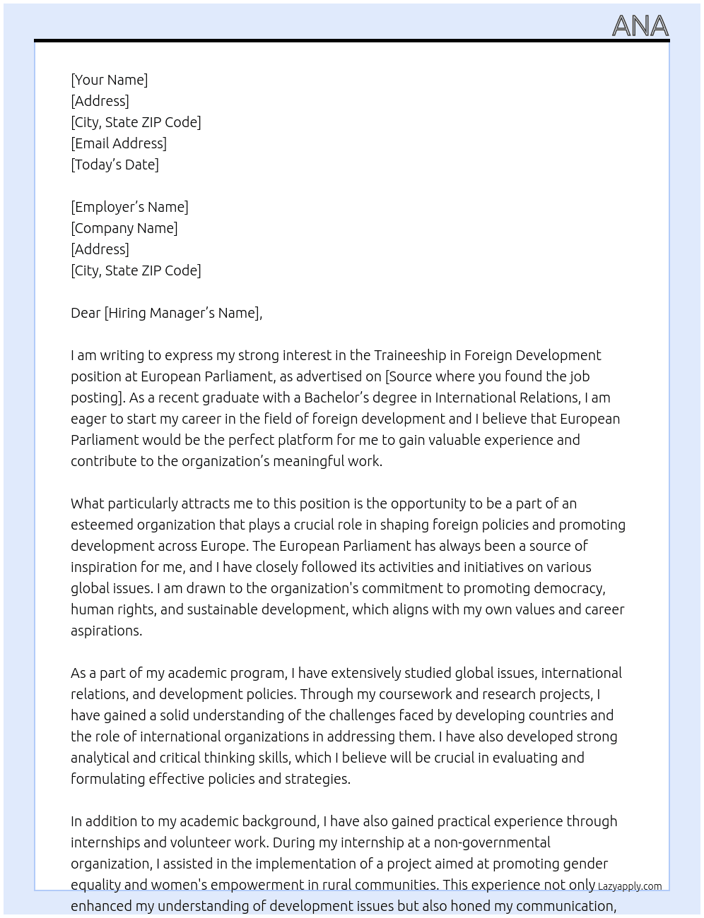Traineeship in foreign development At European Parliament Cover Letter
