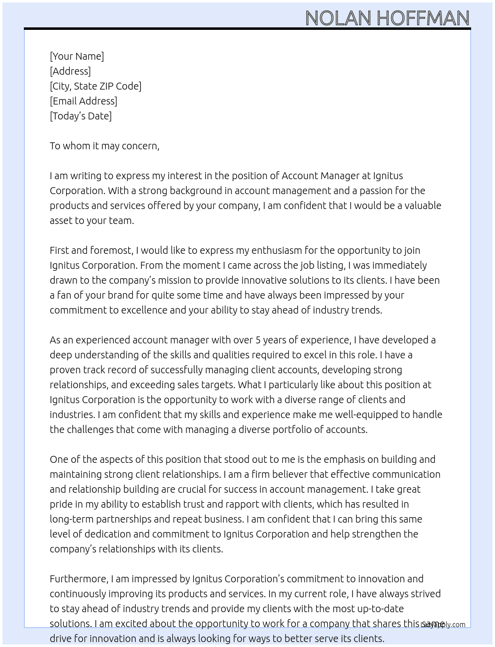 Account Manager At Ignitus Corporation Cover Letter