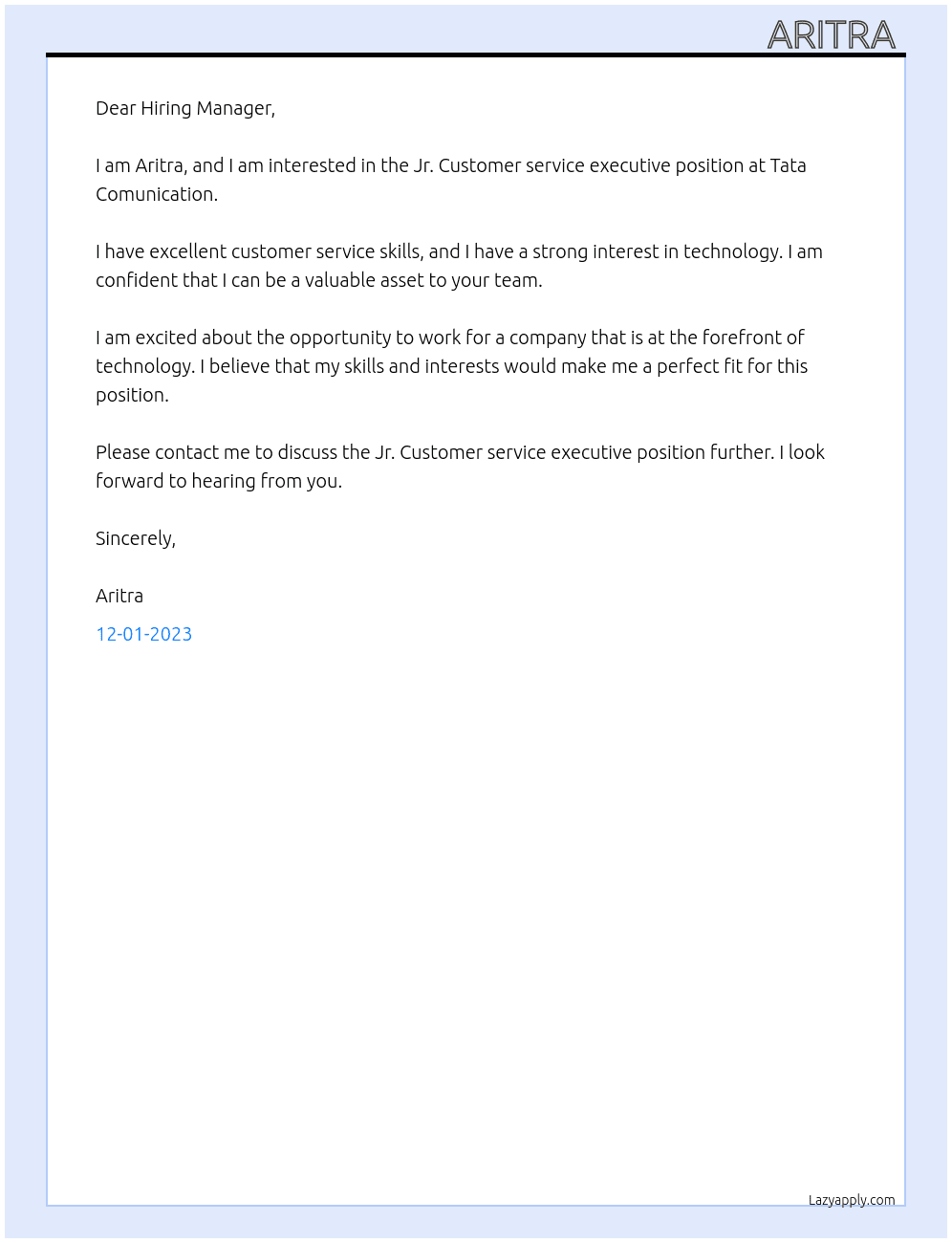 Jr. Customer service executive  At Tata Comunication  Cover Letter