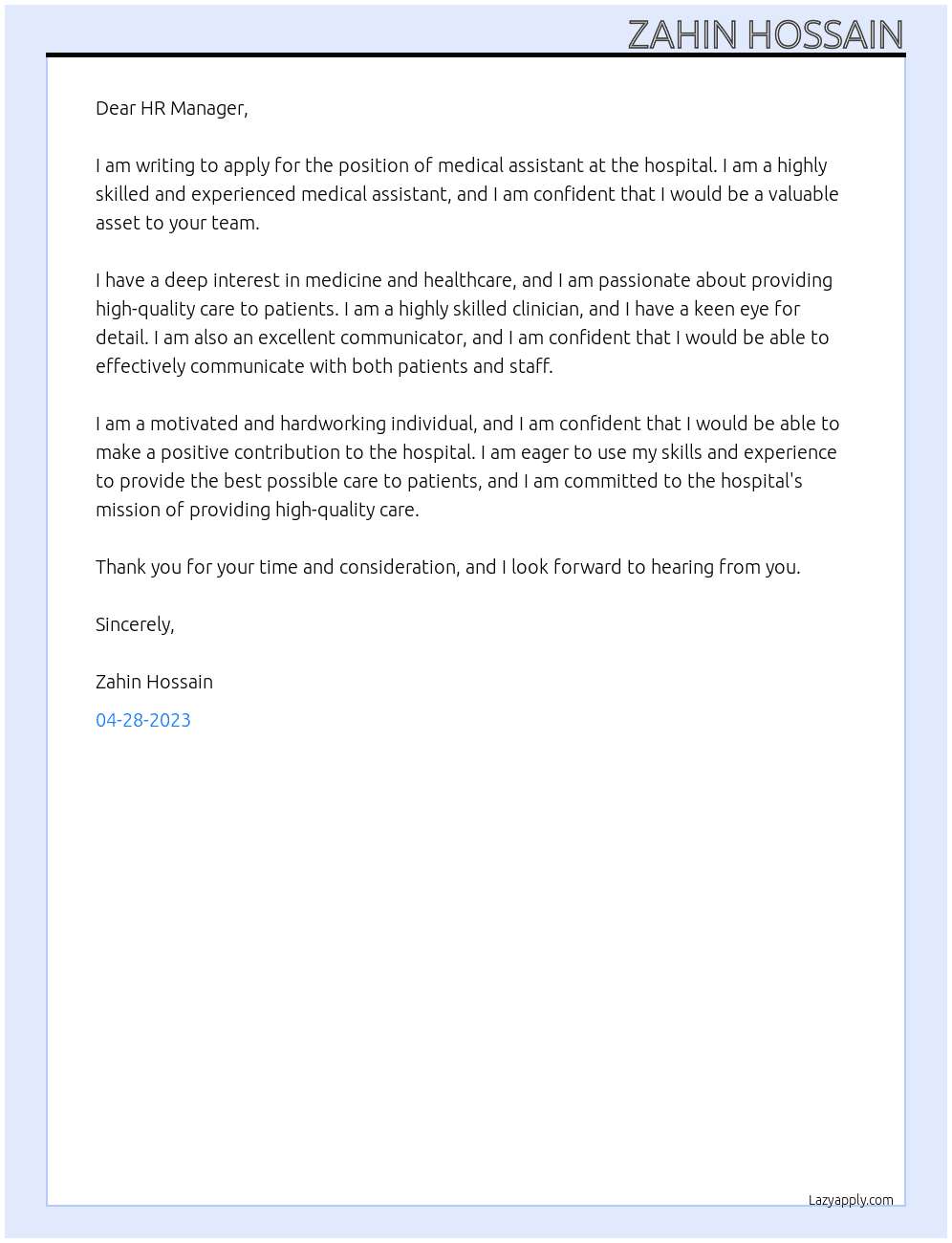 medical assistant  At hospital Cover Letter