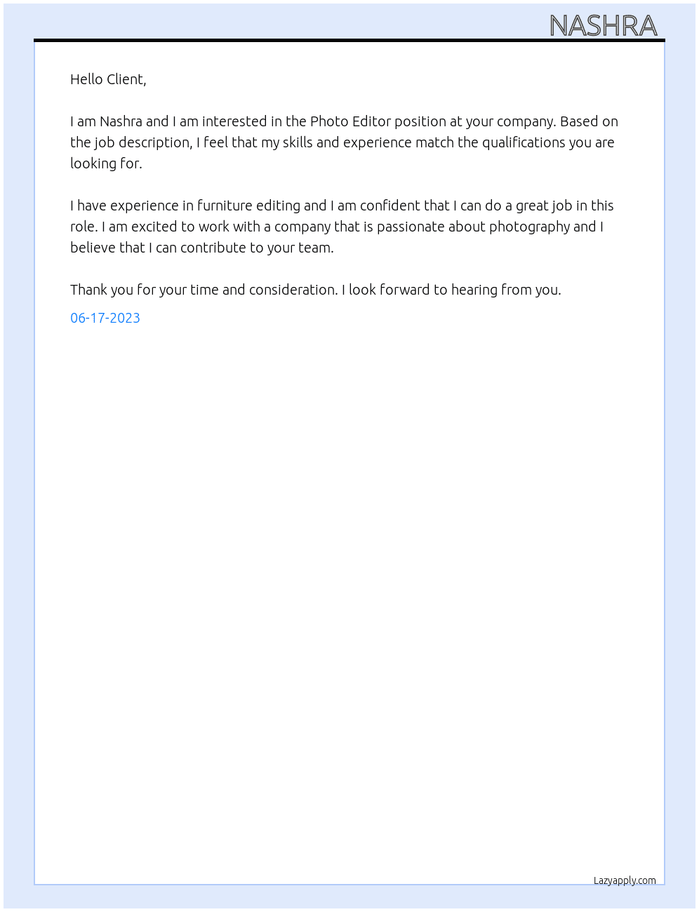 Photo Editor  At Client Cover Letter